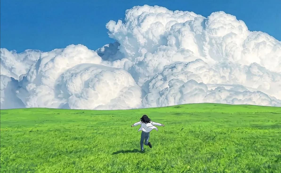 Person running through a green field toward towering clouds