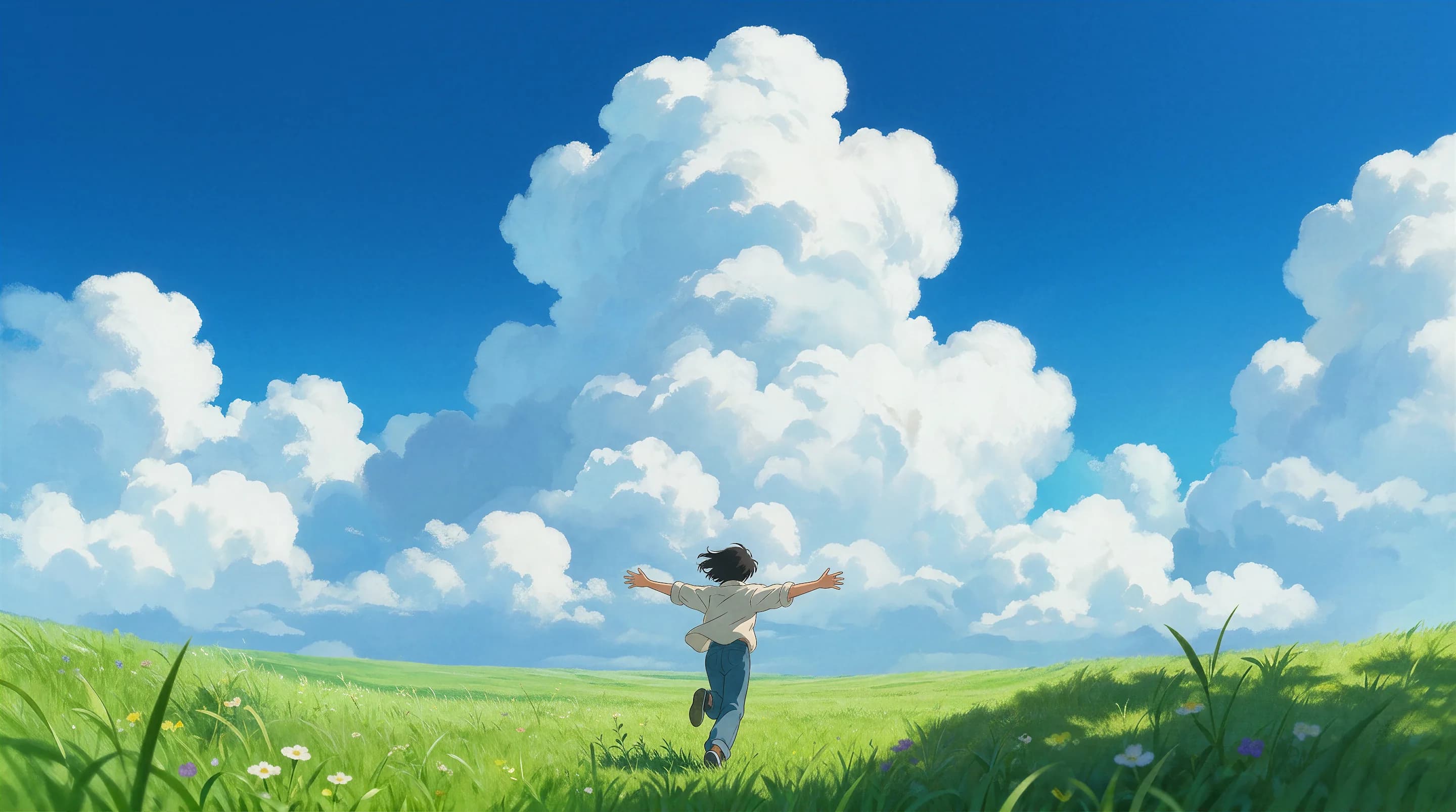Person running through a green field toward towering clouds